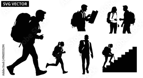 Silhouette of hikers with backpacks, exploring and climbing stairs