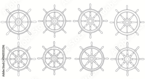 Set of eight ship steering wheels, nautical design, maritime vector illustration
