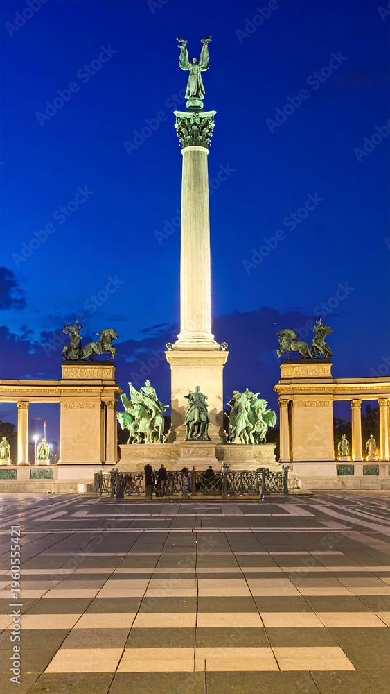 Obraz premium A nighttime view of a grand monument with a column and statues