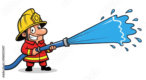 Cartoon Firefighter Sprays Water from Hose