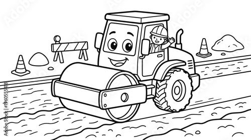 Smiling cartoon road roller machine.