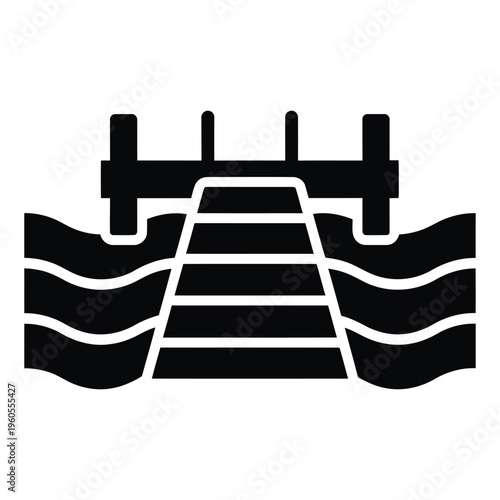 Pier icon over water waves in flat black silhouette style for travel and leisure design