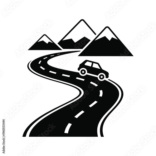 Car driving on a winding road towards snow-capped mountains minimalist black icon