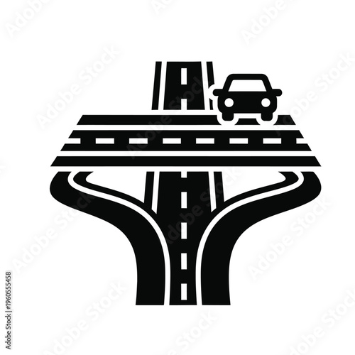 Highway interchange icon with car on overpass bridge, transportation infrastructure flat vector illustration