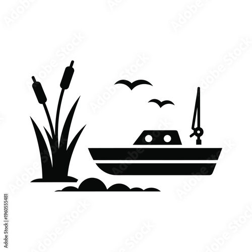 Fishing boat icon floating on water near cattails and birds black silhouette vector illustration