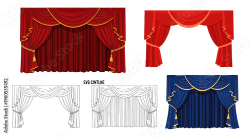Elegant Stage Curtains: Red, Blue, and Sketch Designs for Theater and Events