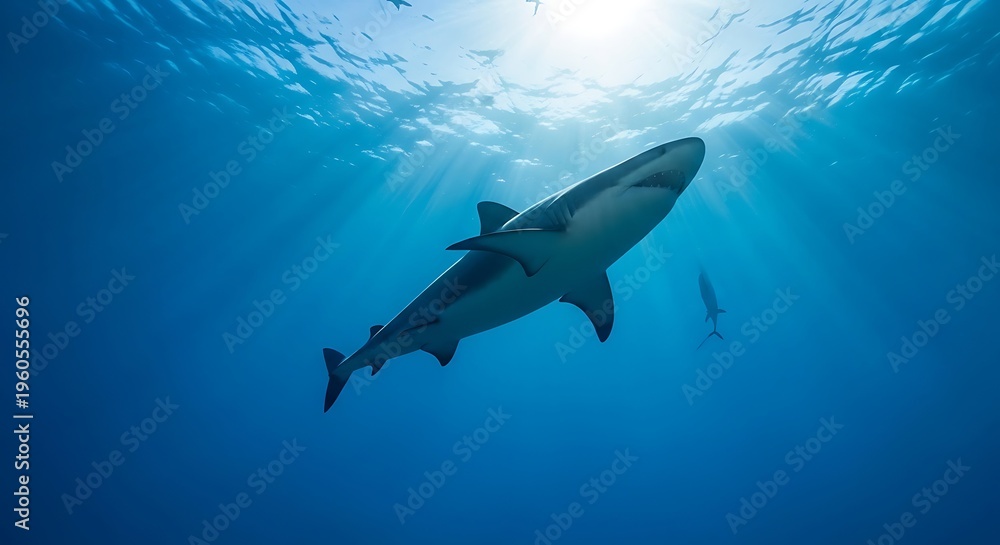 Fototapeta premium Great white shark swimming underwater ocean.