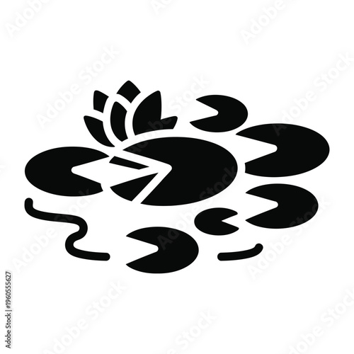 Water Lily and Lily Pads Floating on Water Pond Black Silhouette Icon