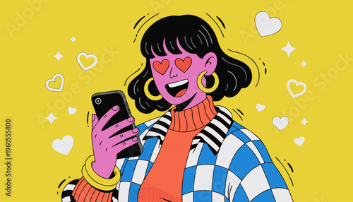 Pop Art Illustration of a Young Woman with Heart Eyes Using a Smartphone for Social Media Marketing, Dating Apps, and Customer Engagement Concepts