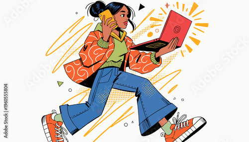 Modern Vector Illustration of a Multitasking Business Woman Running with a Laptop and Smartphone Representing Productivity, Startup Culture, and Remote Work