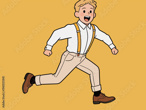 Young boy runs fast with excitement, wearing suspenders and a smile against a yellow background
