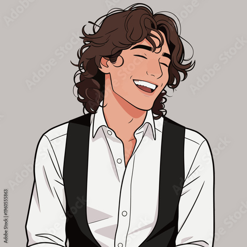 Young man smiles widely while wearing a white shirt and black vest against a plain gray background in a casual setting