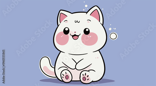 Happy cat character sitting on a light purple background with a joyful expression and round cheeks