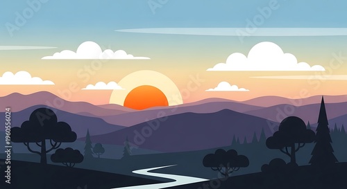 Sunset over mountains with winding river.