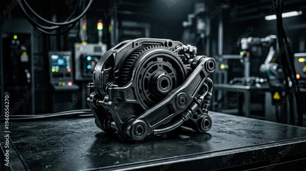 Fototapeta premium Close-up of a mechanical component on a workshop table, surrounded by industrial machinery and tools