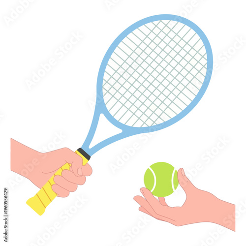 Hand holding tennis racket ready to serve a tennis ball held in another hand