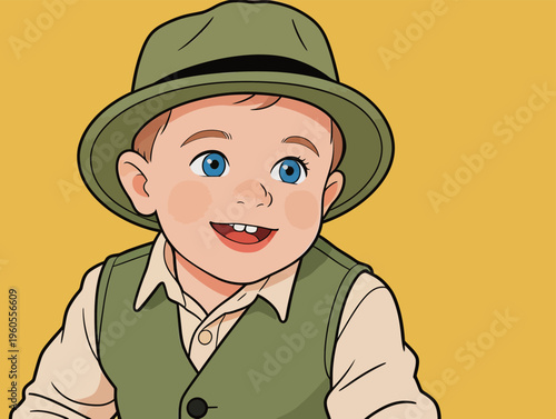 Young child in a green hat and vest smiles happily against a yellow background during a playful moment at home