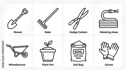 Gardening tools icons: shovel, rake, shears, hose, wheelbarrow, plant, soil, gloves.