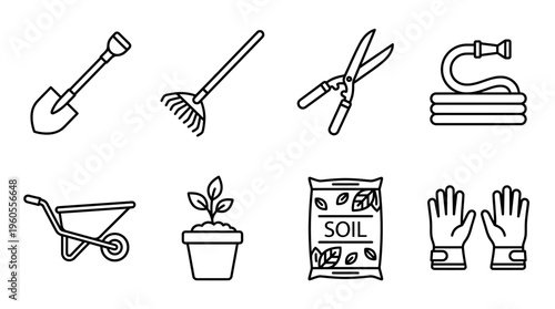 Gardening tools icons: shovel, rake, shears, hose, wheelbarrow, plant, soil, gloves.