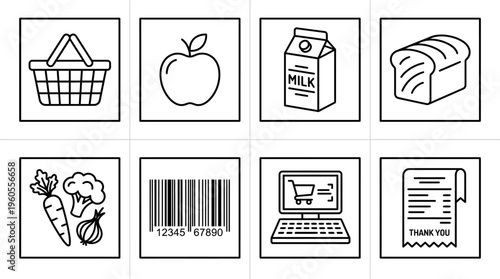 Grocery shopping icons: basket, apple, milk, bread, vegetables, barcode, register, receipt.