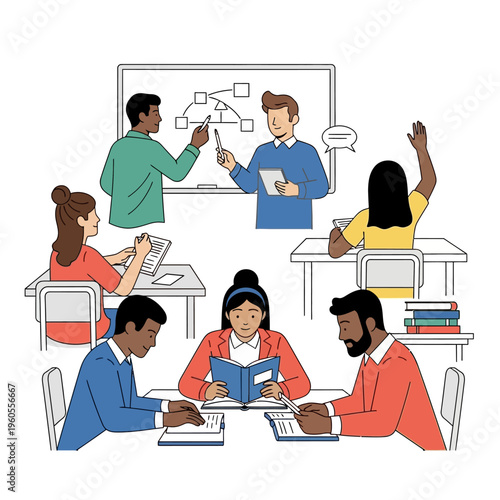 Diverse students learning in a modern classroom with teacher at whiteboard