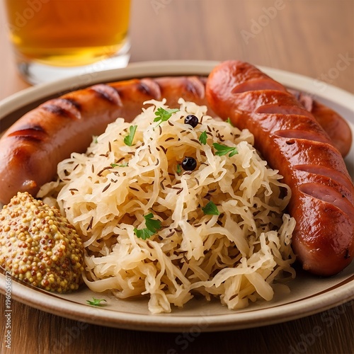 Grilled sausages with sauerkraut and beer.