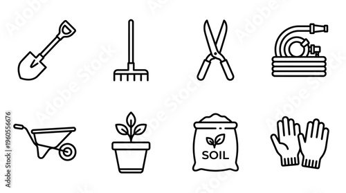 Gardening tools icons: shovel, rake, shears, hose, wheelbarrow, plant, soil, gloves.