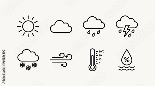 Weather icons: sun, cloud, rain, storm, snow, wind, thermometer, humidity droplet percentage.