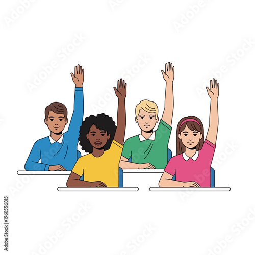 Diverse Students Raising Hands in Classroom for Answer