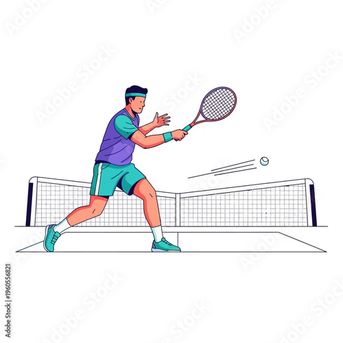 Male tennis player hitting forehand shot on court with net, active lifestyle illustration