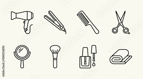 Essential beauty tools: hairdryer, straightener, comb, scissors, mirror, brush, polish, book.