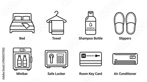 Hotel room icons: bed, hanger, soap, slippers, minibar, safe, key card, air conditioner.