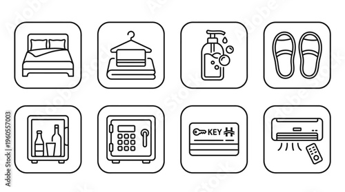 Hotel room icons: bed, hanger, soap, slippers, minibar, safe, key card, air conditioner.