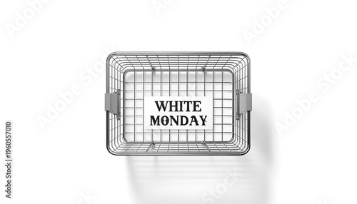 A wire shopping basket with a White Monday sign inside on a plain white background