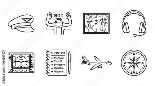 Aviation icons: pilot hat, yoke, map, headset, instruments, checklist, airplane, compass.