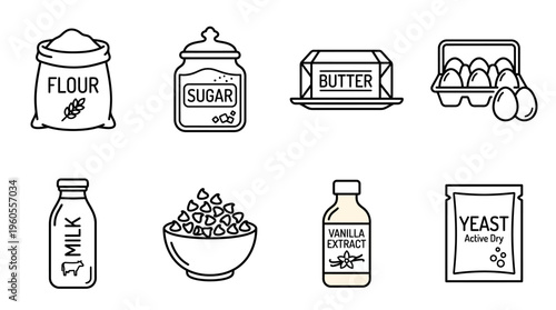 Essential baking ingredients arranged neatly: flour, sugar, butter, eggs, milk, vanilla, yeast.