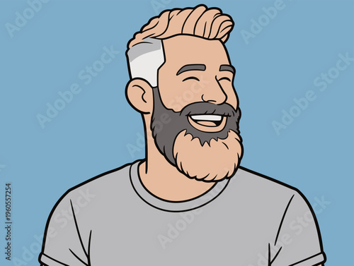 Man with light hair and a beard smiles against a blue background during a casual moment