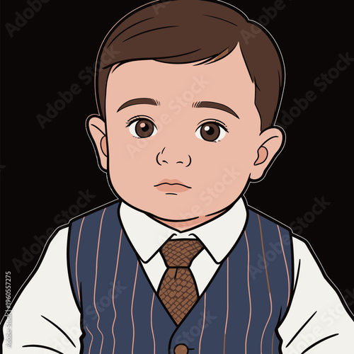 Young boy in a formal outfit looking directly at the viewer with a serious expression