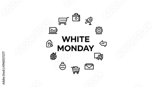 A minimalist graphic design featuring various icons and the text White Monday on a clean white background
