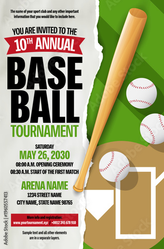 Baseball tournament invitation poster with bat, balls and torn paper