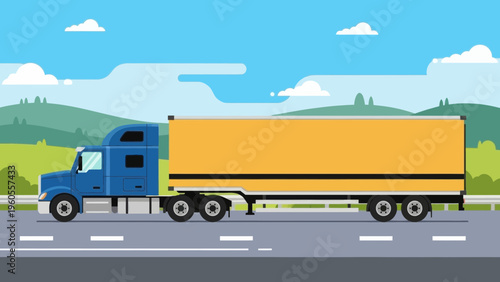 Blue and Yellow Semi Truck Driving on Highway