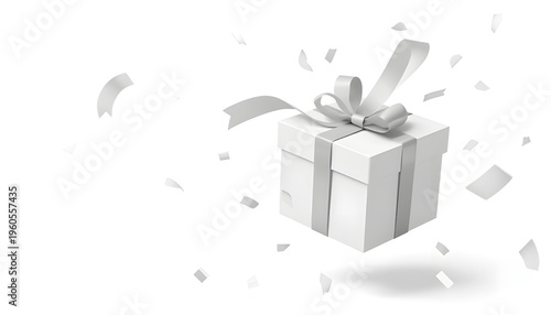 A white gift box with a ribbon and confetti floating in the air, symbolizing celebration and joy
