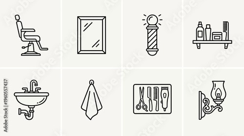 Barbershop icons: pole, mirror, chair, shelf, sink, towel, tools drawer, light.