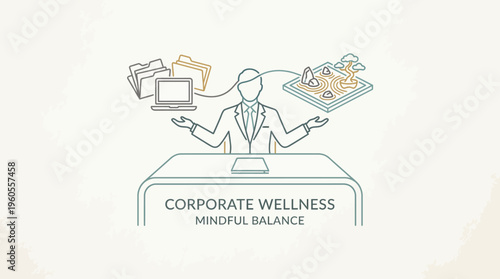 Minimalist line-art of a businessman at desk seeking mindful balance between work and wellness in calm office scene