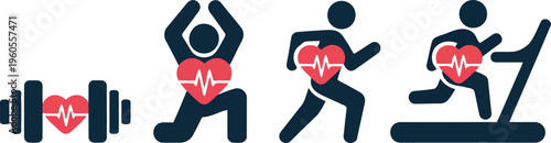 Four vibrant icons represent physical activity and heart health including weights, stretching, running, and a treadmill
