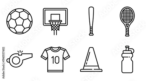 Sports icons: soccer ball, hoop, bat, racket, whistle, jersey, cone, water bottle.