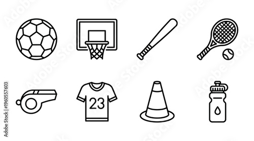 Sports icons: soccer ball, hoop, bat, racket, whistle, jersey, cone, water bottle.