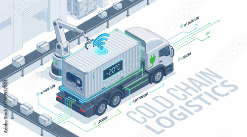Illustrated cold chain logistics truck with refrigerated trailer, robotic arm, Wi-Fi sensors, and temperature control on highway