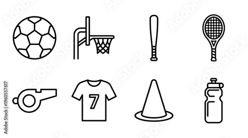 Sports icons: soccer ball, hoop, bat, racket, whistle, jersey, cone, water bottle.
