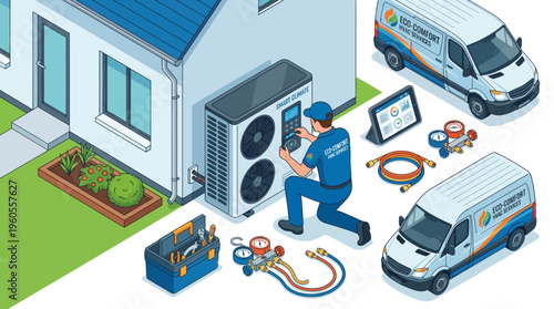 Professional technician maintaining outdoor cooling system at modern suburban house with white walls and blue roof